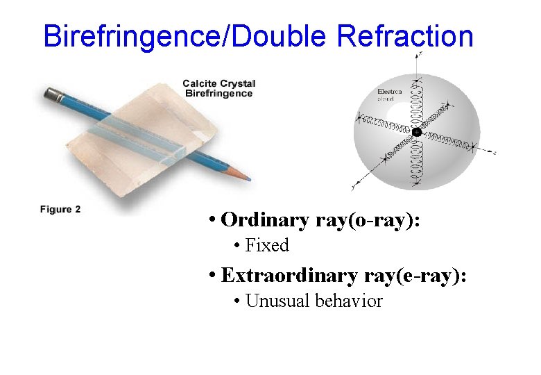 Birefringence/Double Refraction • Ordinary ray(o-ray): • Fixed • Extraordinary ray(e-ray): • Unusual behavior 