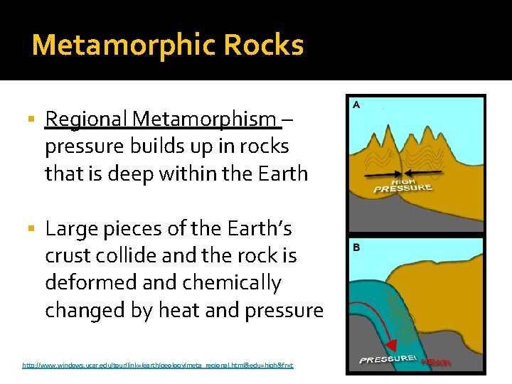 Metamorphic Rocks § Regional Metamorphism – pressure builds up in rocks that is deep