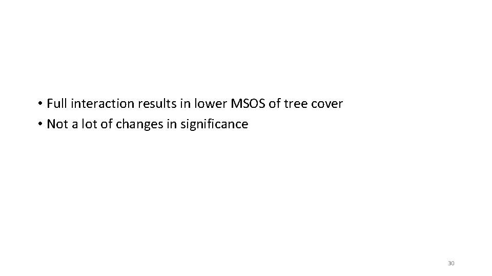  • Full interaction results in lower MSOS of tree cover • Not a