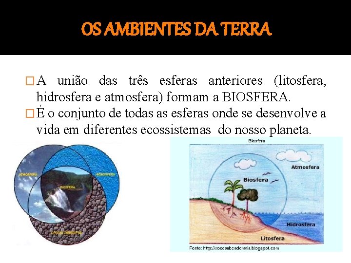 OS AMBIENTES DA TERRA �A união das três esferas anteriores (litosfera, hidrosfera e atmosfera)