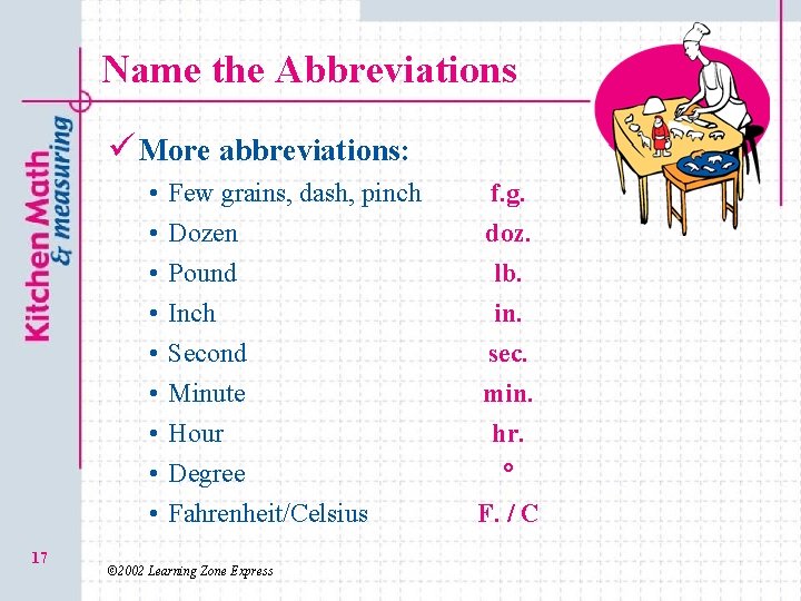 Name the Abbreviations ü More abbreviations: • • • 17 Few grains, dash, pinch