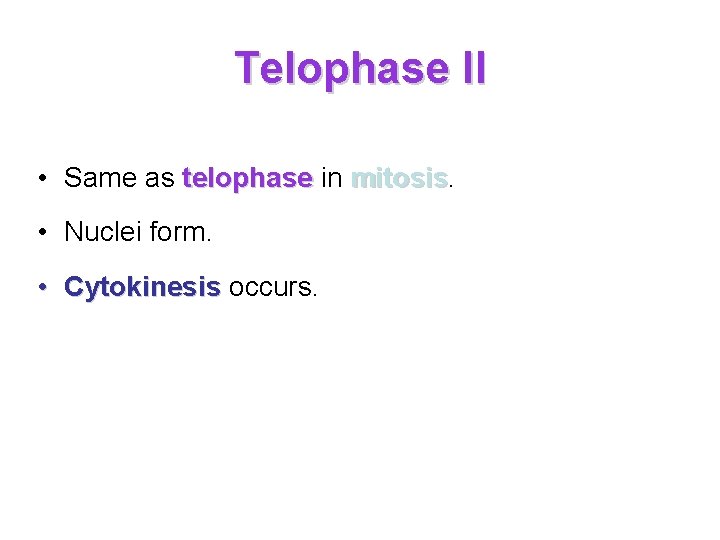 Telophase II • Same as telophase in mitosis • Nuclei form. • Cytokinesis occurs.