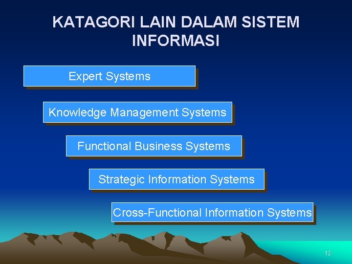 KATAGORI LAIN DALAM SISTEM INFORMASI Expert Systems Knowledge Management Systems Functional Business Systems Strategic