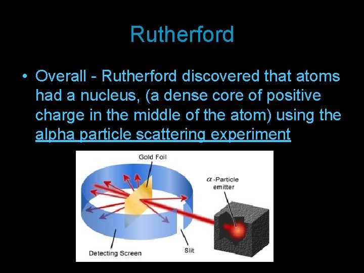 Rutherford • Overall - Rutherford discovered that atoms had a nucleus, (a dense core Rutherford • Overall - Rutherford discovered that atoms had a nucleus, (a dense core
