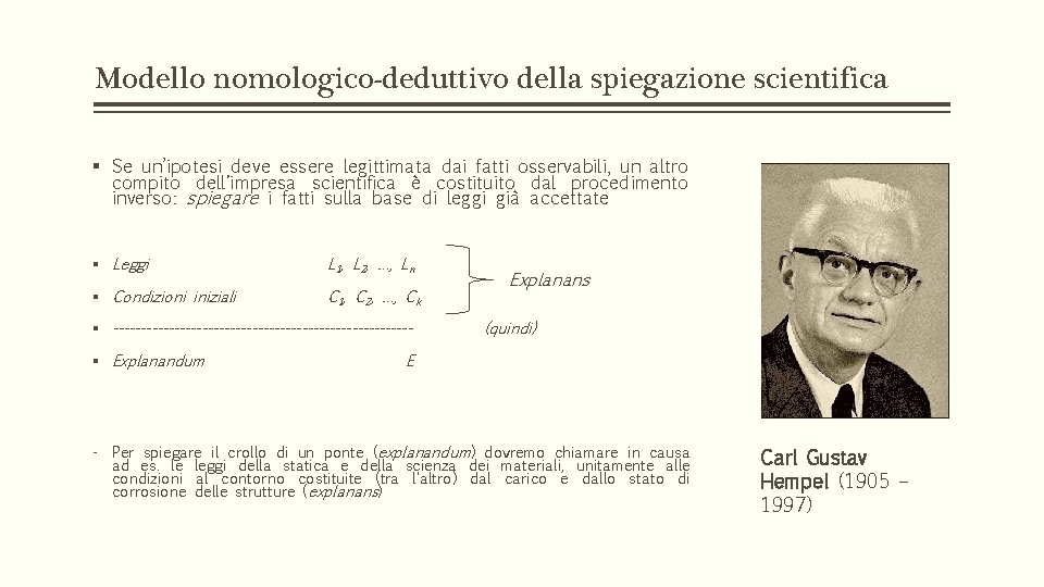 Modello nomologico-deduttivo della spiegazione scientifica § Se un’ipotesi deve essere legittimata dai fatti osservabili, Modello nomologico-deduttivo della spiegazione scientifica § Se un’ipotesi deve essere legittimata dai fatti osservabili,