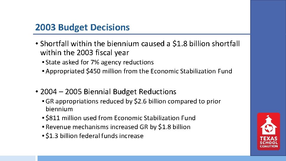 2003 Budget Decisions • Shortfall within the biennium caused a $1. 8 billion shortfall