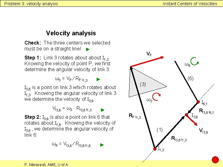 Problem 3: velocity analysis Instant Centers of Velocities Velocity analysis Check: The three centers
