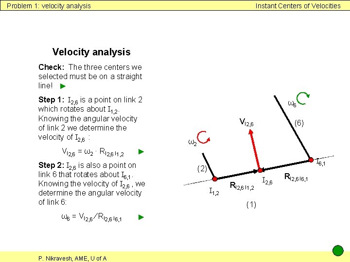 Problem 1: velocity analysis Instant Centers of Velocities Velocity analysis Check: The three centers