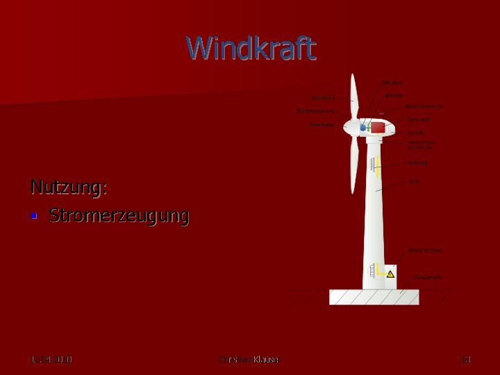 Windkraft Nutzung: § Stromerzeugung 12. 04. 2010 Christian Klauser 13 