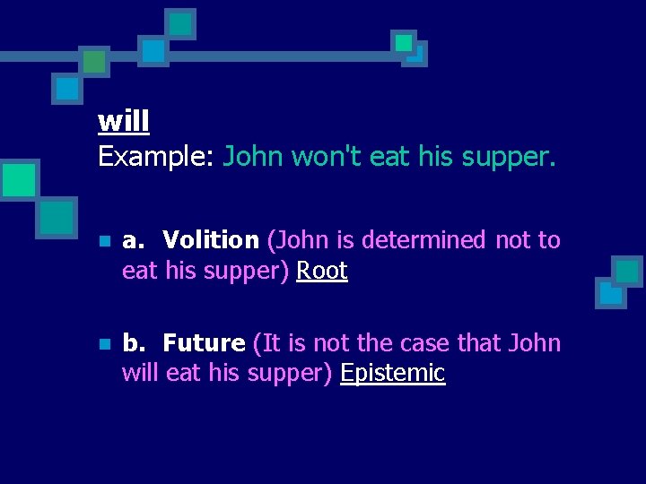 will Example: John won't eat his supper. n a. Volition (John is determined not