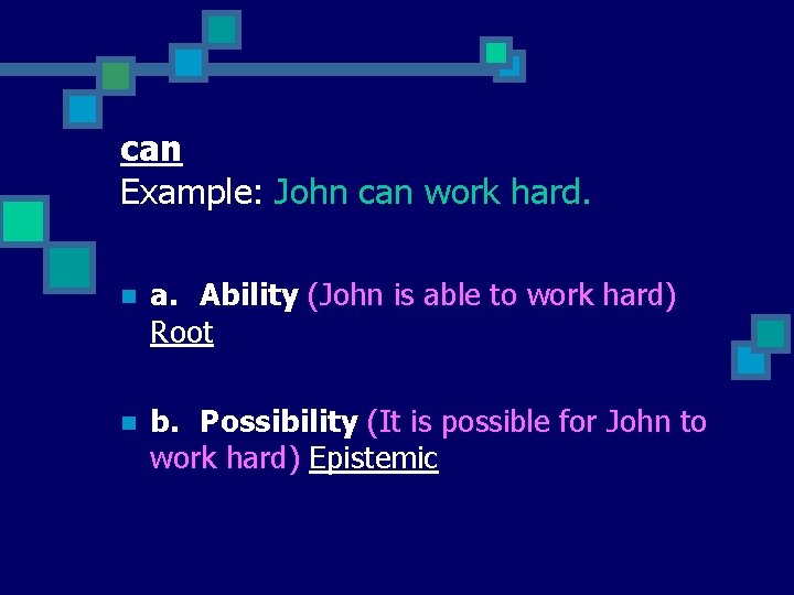 can Example: John can work hard. n a. Ability (John is able to work