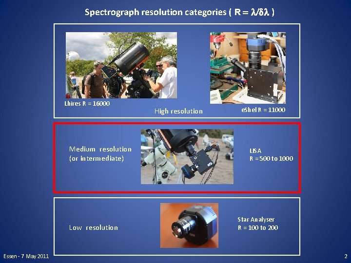 Spectrograph resolution categories ( R = l/dl ) Lhires R = 16000 Medium resolution