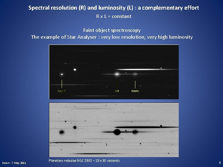 Spectral resolution (R) and luminosity (L) : a complementary effort R x L =