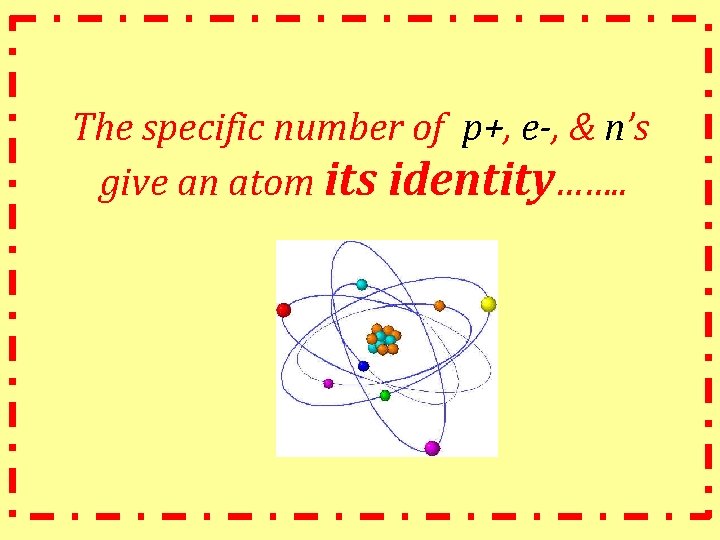 The specific number of p+, e-, & n’s give an atom its identity……. .