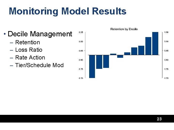 Monitoring Model Results • Decile Management – – Retention Loss Ratio Rate Action Tier/Schedule