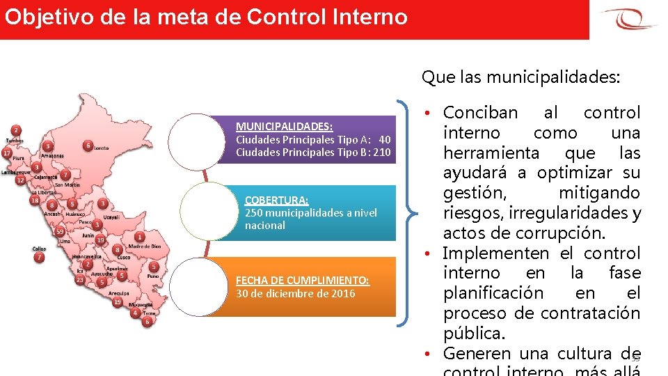 Objetivo de la meta de Control Interno Que las municipalidades: MUNICIPALIDADES: Ciudades Principales Tipo