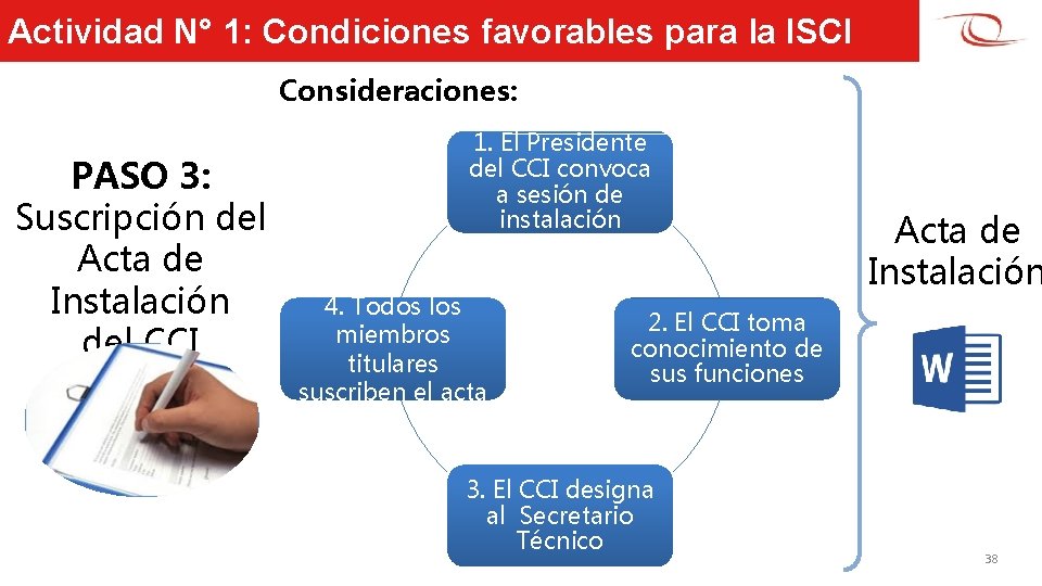 Actividad N° 1: Condiciones favorables para la ISCI Consideraciones: PASO 3: Suscripción del Acta