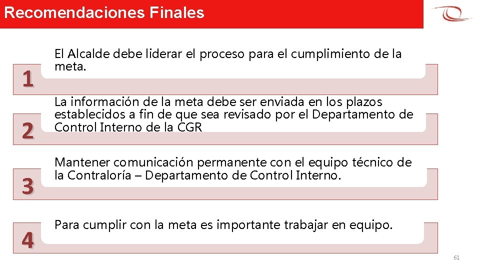 Recomendaciones Finales 1 2 3 4 El Alcalde debe liderar el proceso para el