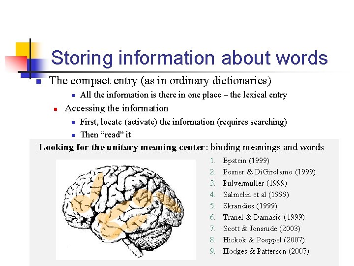 Storing information about words n The compact entry (as in ordinary dictionaries) n n