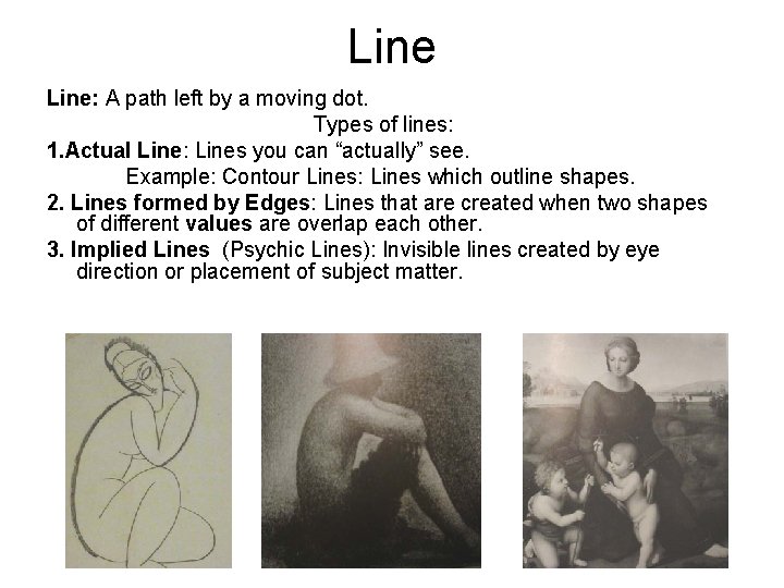 Line: A path left by a moving dot. Types of lines: 1. Actual Line: