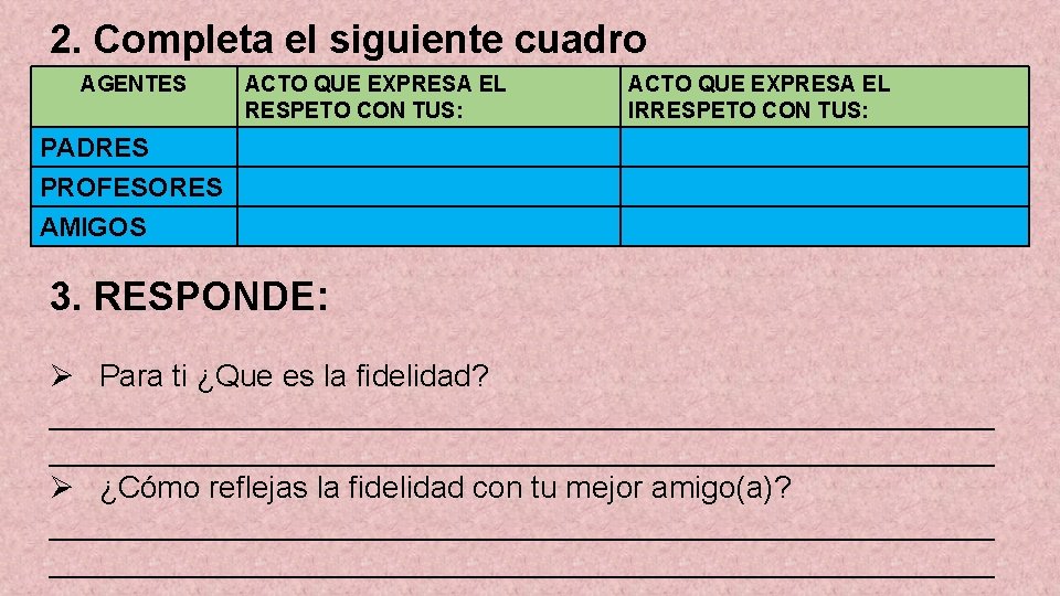 2. Completa el siguiente cuadro AGENTES ACTO QUE EXPRESA EL RESPETO CON TUS: ACTO