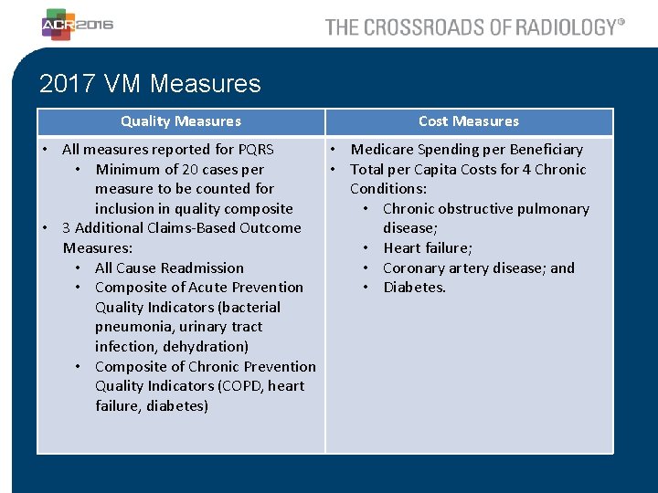 2017 VM Measures Quality Measures Cost Measures • All measures reported for PQRS •