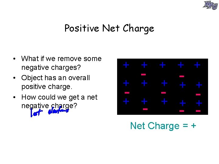 Positive Net Charge • What if we remove some negative charges? • Object has