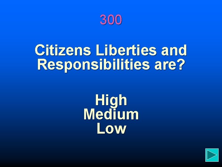 300 Citizens Liberties and Responsibilities are? High Medium Low 