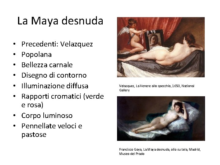 La Maya desnuda Precedenti: Velazquez Popolana Bellezza carnale Disegno di contorno Illuminazione diffusa Rapporti