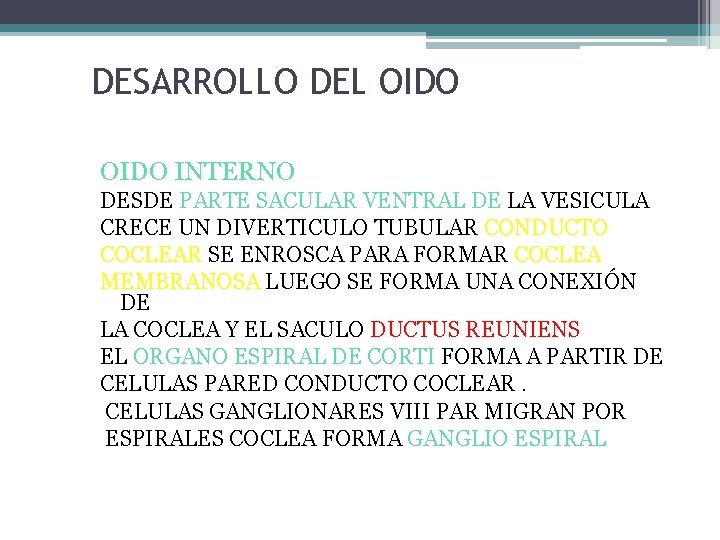 DESARROLLO DEL OIDO INTERNO DESDE PARTE SACULAR VENTRAL DE LA VESICULA CRECE UN DIVERTICULO