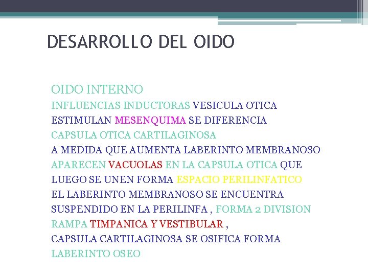 DESARROLLO DEL OIDO INTERNO INFLUENCIAS INDUCTORAS VESICULA OTICA ESTIMULAN MESENQUIMA SE DIFERENCIA CAPSULA OTICA