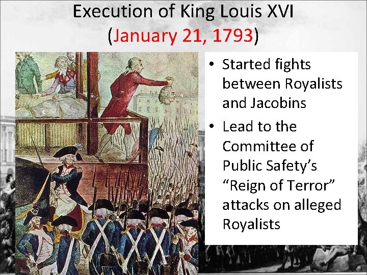 Execution of King Louis XVI (January 21, 1793) • Started fights between Royalists and