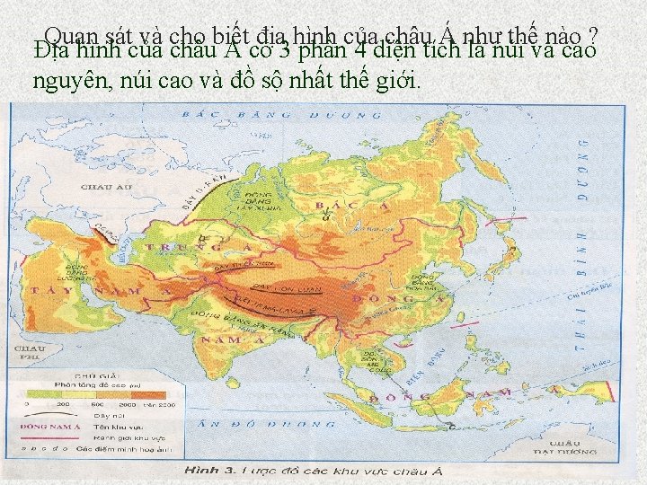 Quan sát và cho biết địa hình của châu Á như thế nào ?