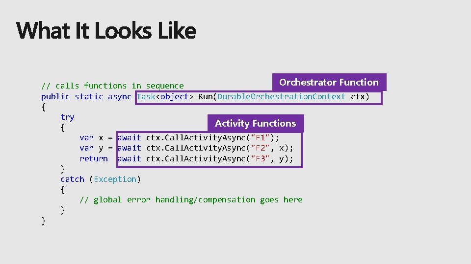 Orchestrator Function // calls functions in sequence public static async Task<object> Run(Durable. Orchestration. Context