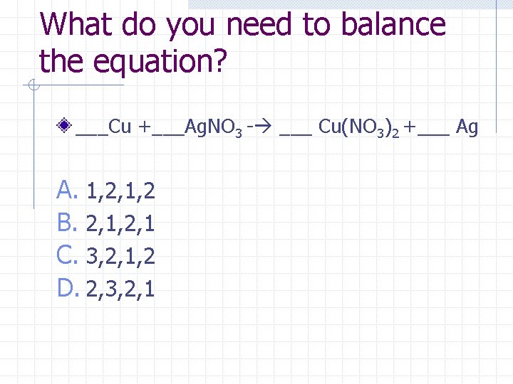 What do you need to balance the equation? ___Cu +___Ag. NO 3 - ___