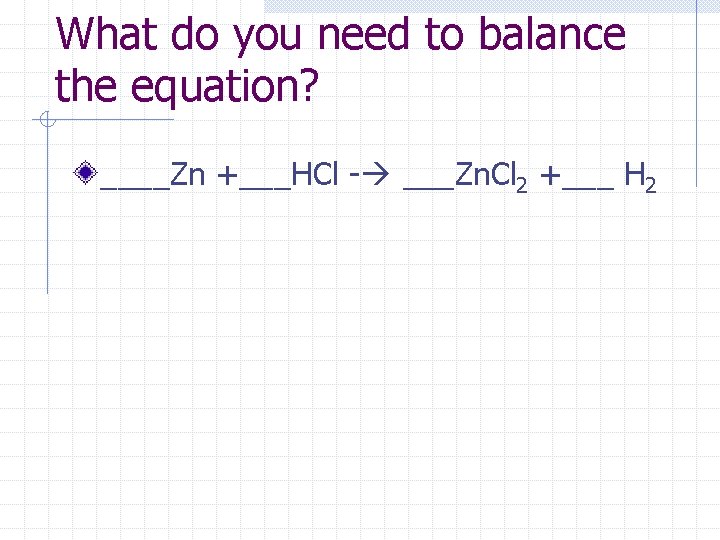 What do you need to balance the equation? ____Zn +___HCl - ___Zn. Cl 2