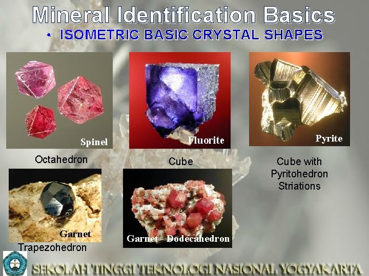 Mineral Identification Basics • ISOMETRIC BASIC CRYSTAL SHAPES Spinel Octahedron Garnet Trapezohedron Fluorite Cube