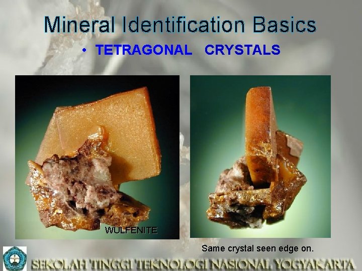 Mineral Identification Basics • TETRAGONAL CRYSTALS WULFENITE Same crystal seen edge on. 