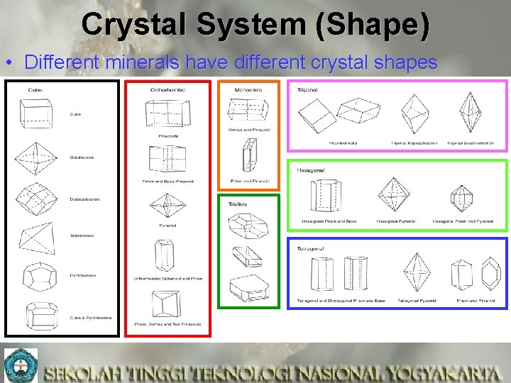 Crystal System (Shape) • Different minerals have different crystal shapes 