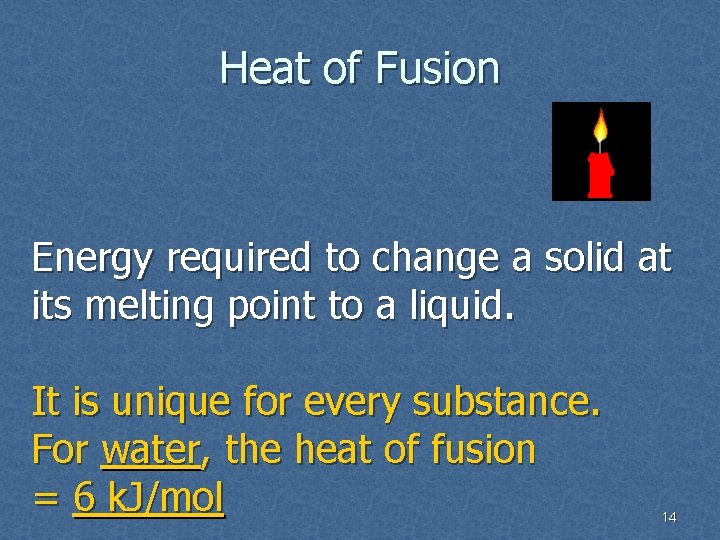 Heat of Fusion Energy required to change a solid at its melting point to