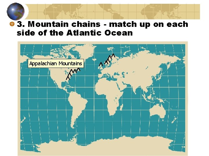 3. Mountain chains - match up on each side of the Atlantic Ocean Appalachian