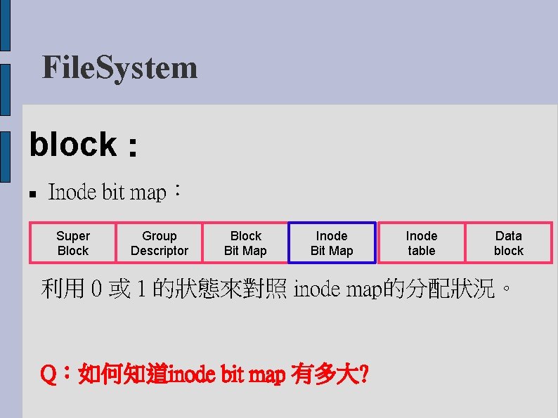File. System block： Inode bit map： Super Block Group Descriptor Block Bit Map Inode