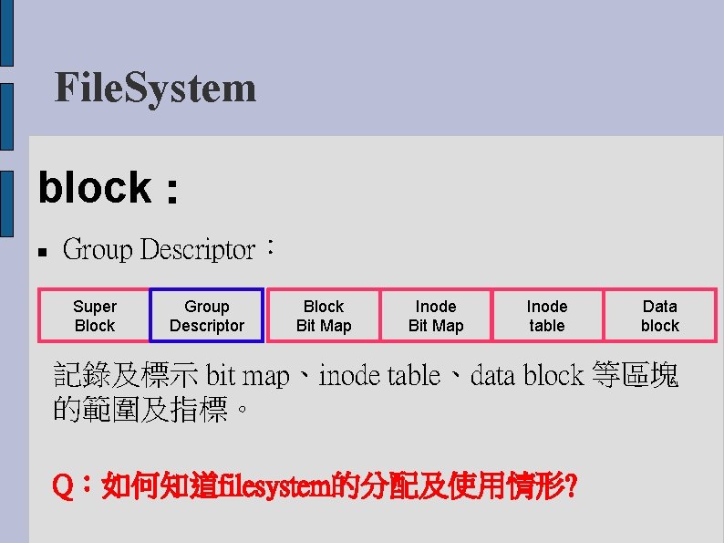 File. System block： Group Descriptor： Super Block Group Descriptor Block Bit Map Inode table