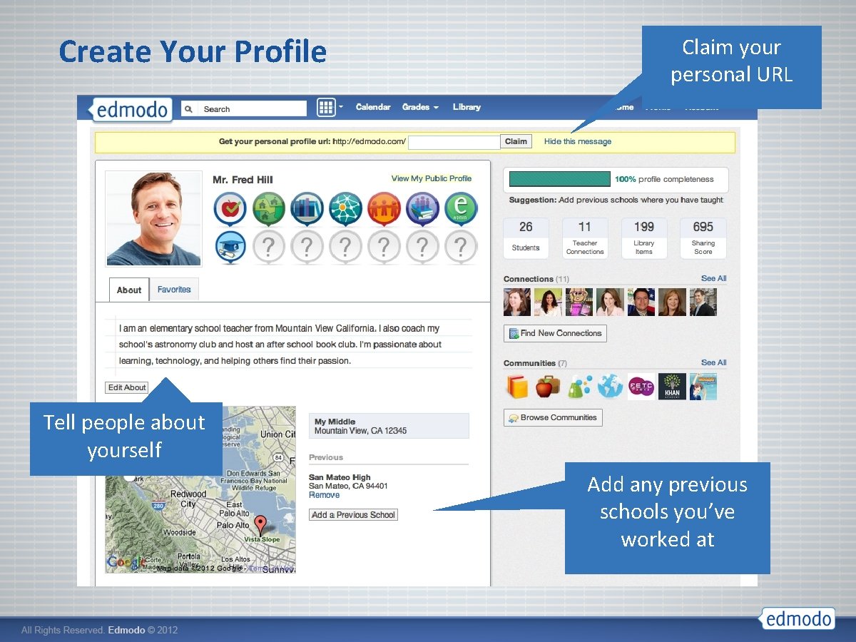 Create Your Profile Claim your personal URL Tell people about yourself Add any previous