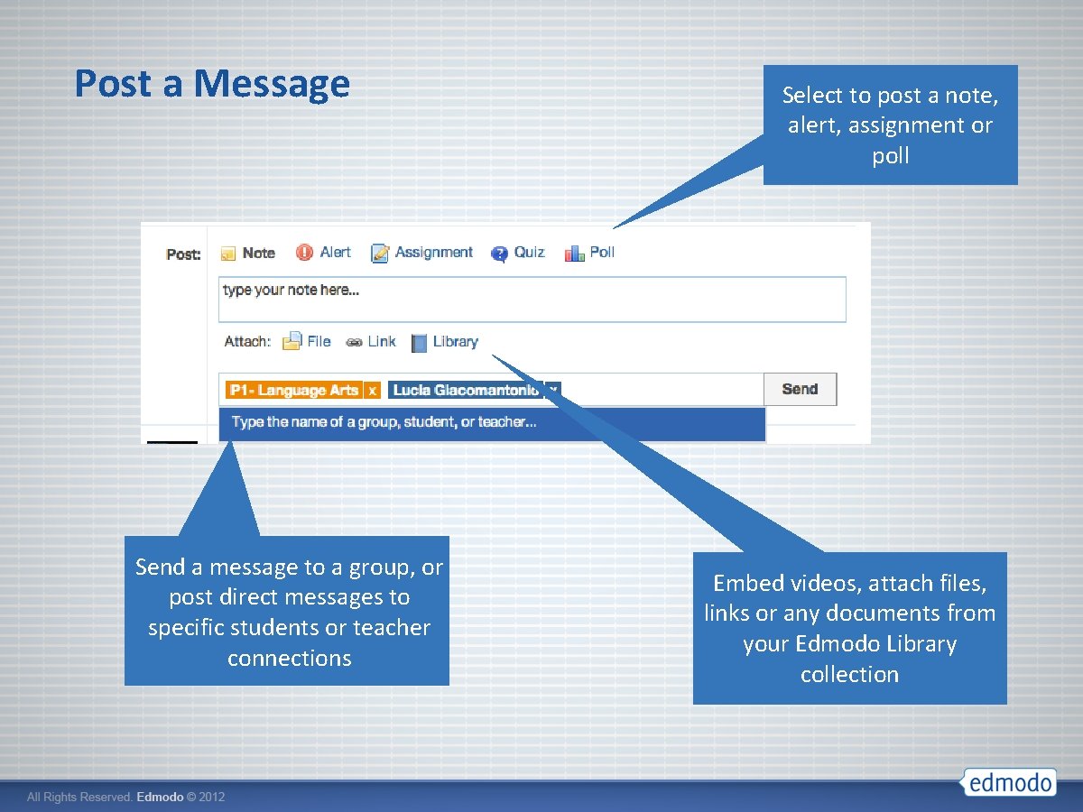 Post a Message Send a message to a group, or post direct messages to Post a Message Send a message to a group, or post direct messages to