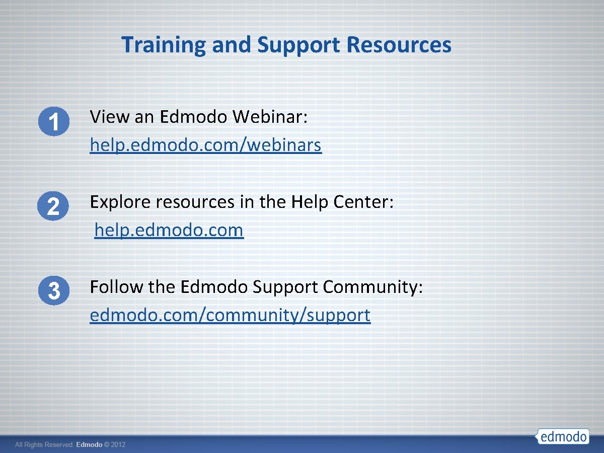 Training and Support Resources 1 View an Edmodo Webinar: help. edmodo. com/webinars 2 Explore