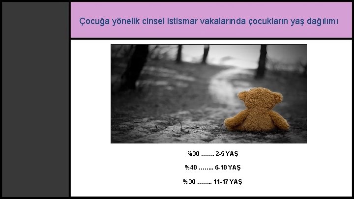 Çocuğa yönelik cinsel istismar vakalarında çocukların yaş dağılımı %30 ……. 2 -5 YAŞ %40