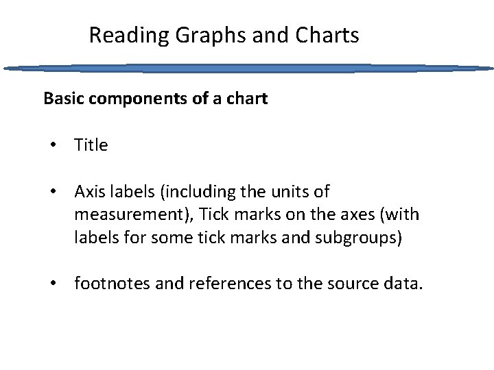 Reading Graphs and Charts Basic components of a chart • Title • Axis labels