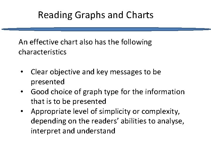 Reading Graphs and Charts An effective chart also has the following characteristics • Clear