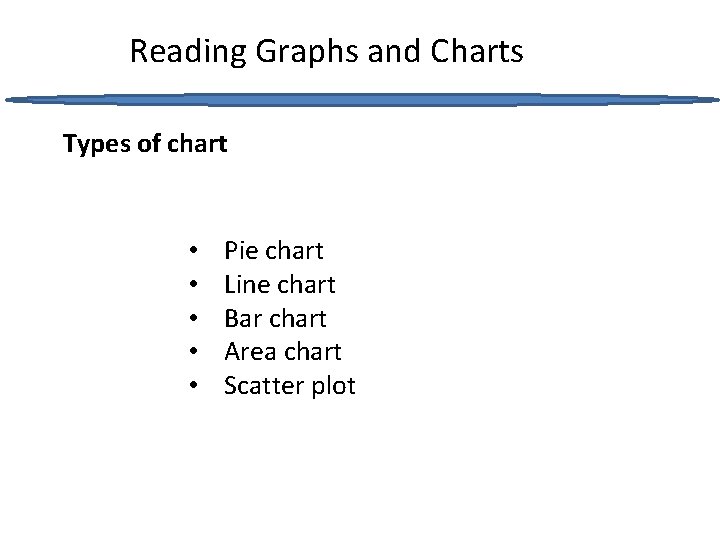 Reading Graphs and Charts Types of chart • • • Pie chart Line chart